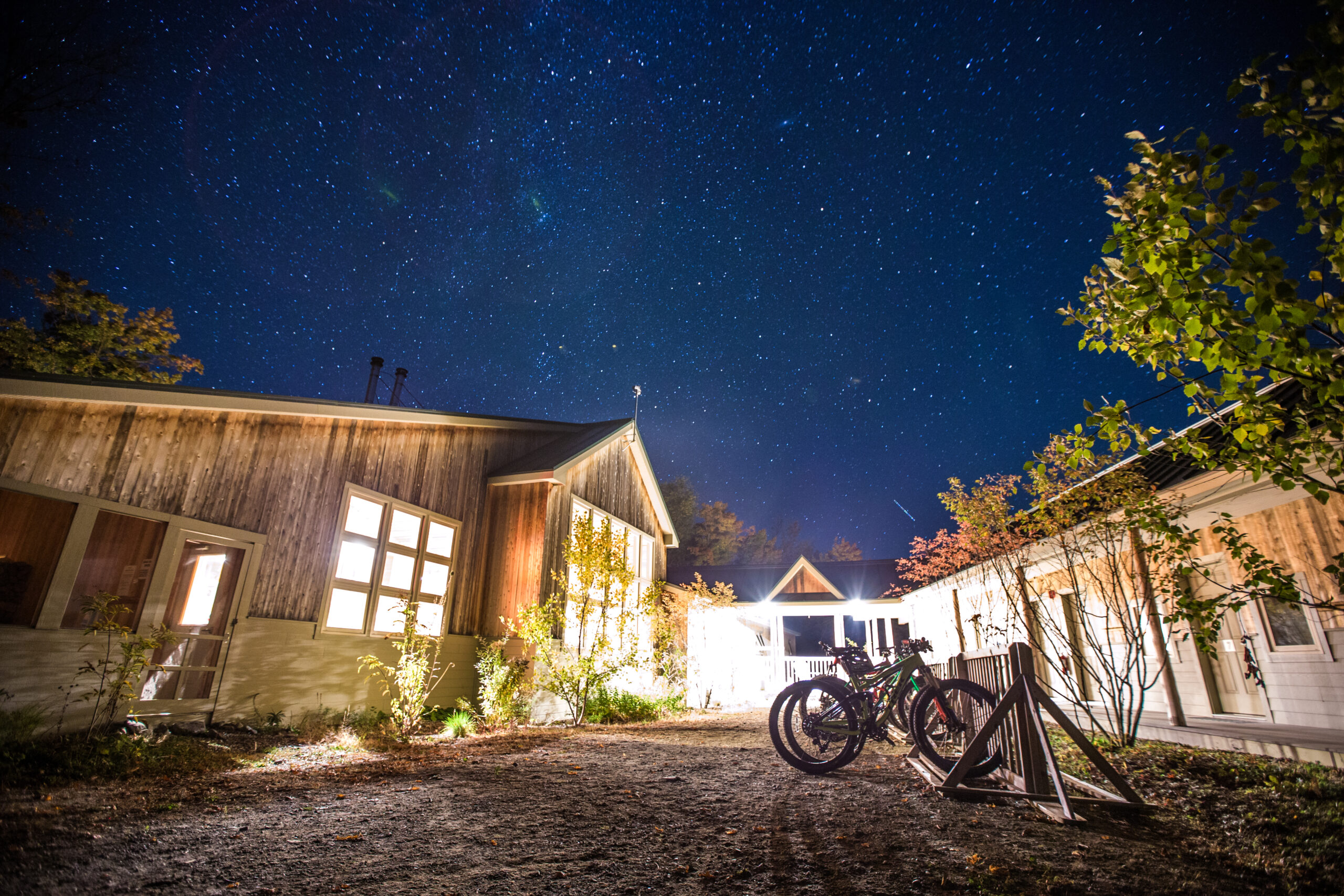Stratton Brook Hut at night in the summer.