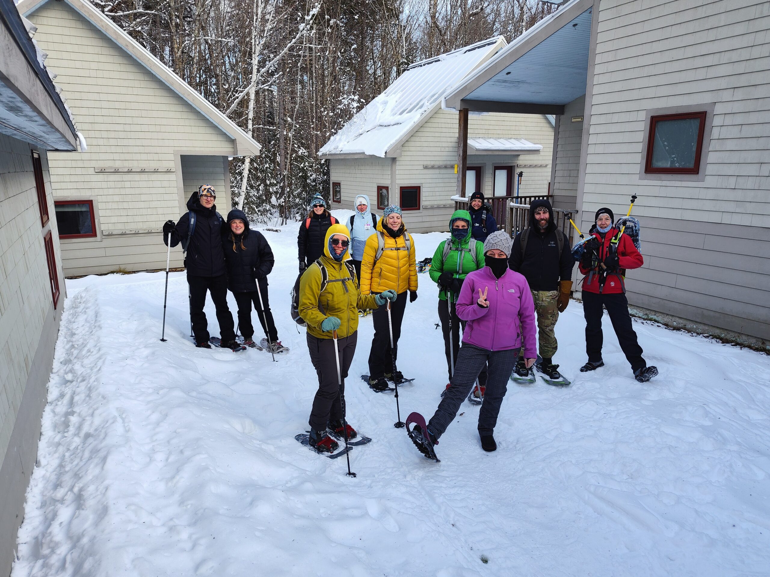 Group of snowshoers at Poplar Stream Hut.