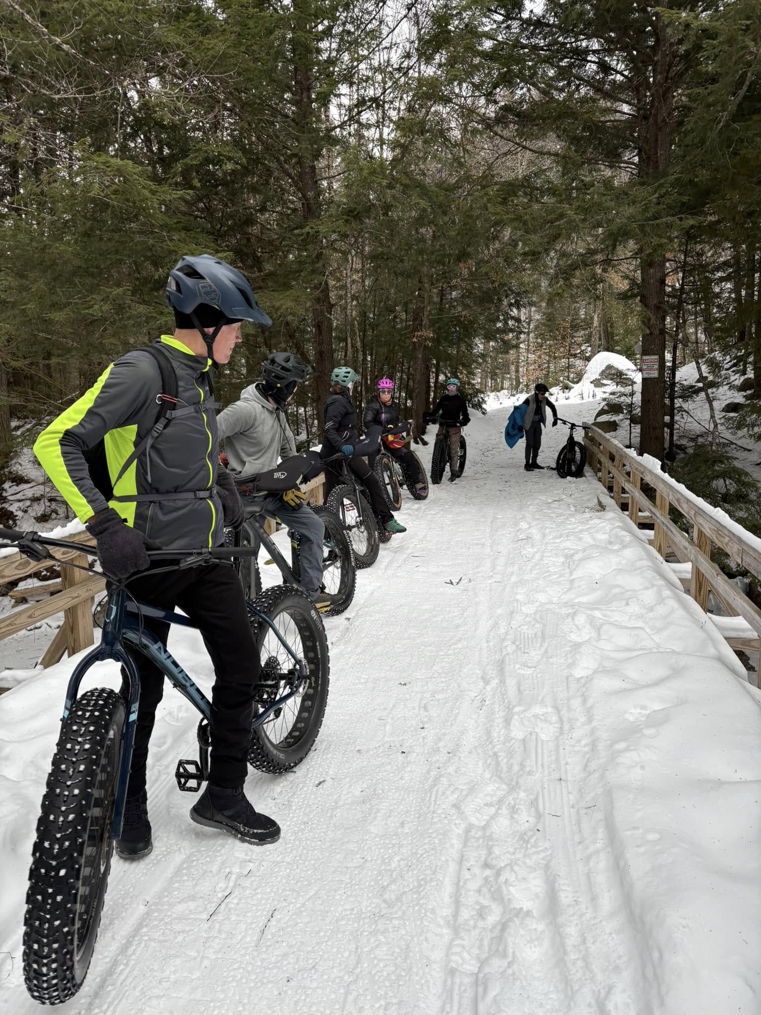 Fat bikers on the Poplar Stream Bridge.