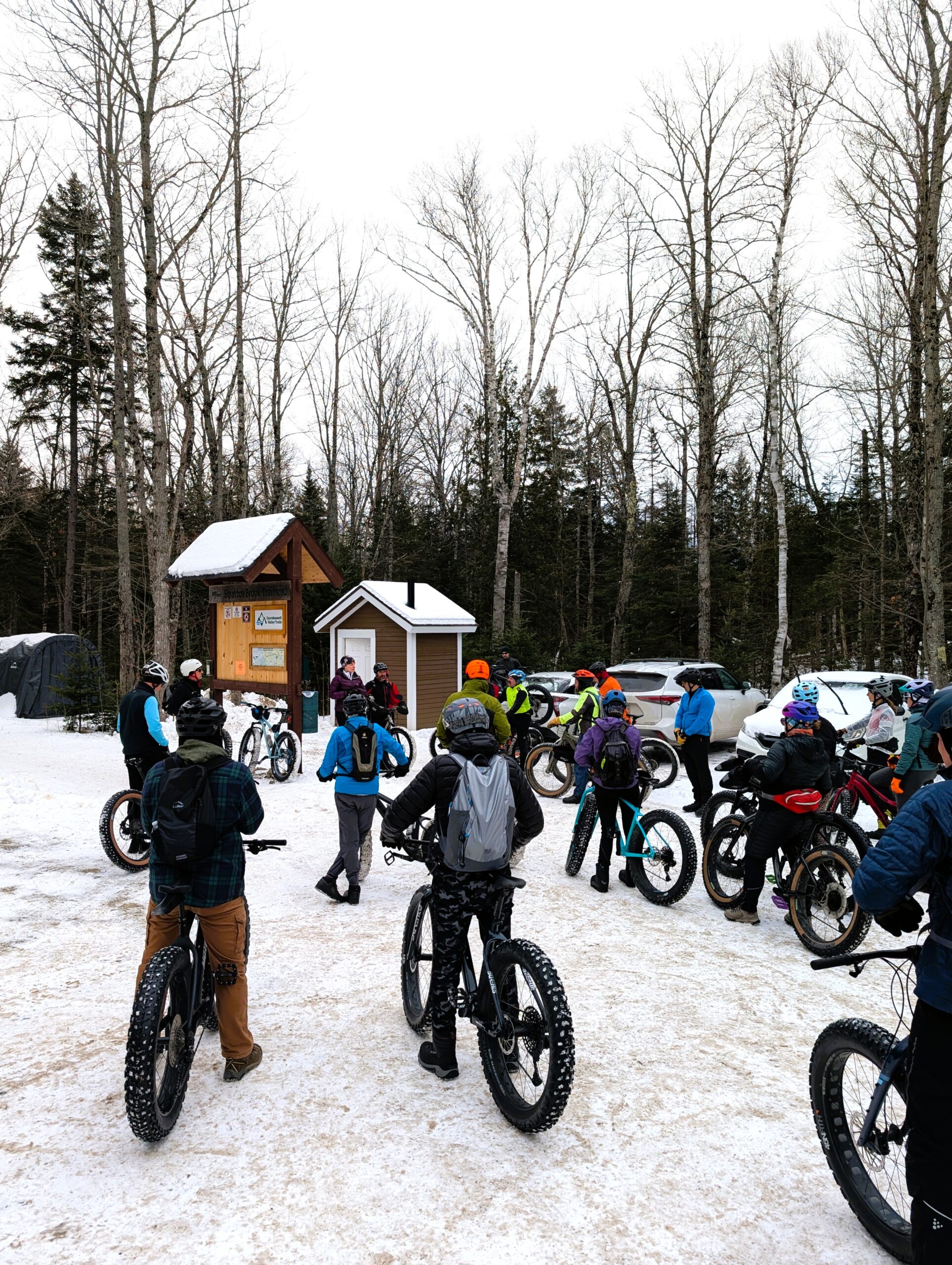 Group of fat bikers at the Rt 27/Stratton Brook Trailhead.