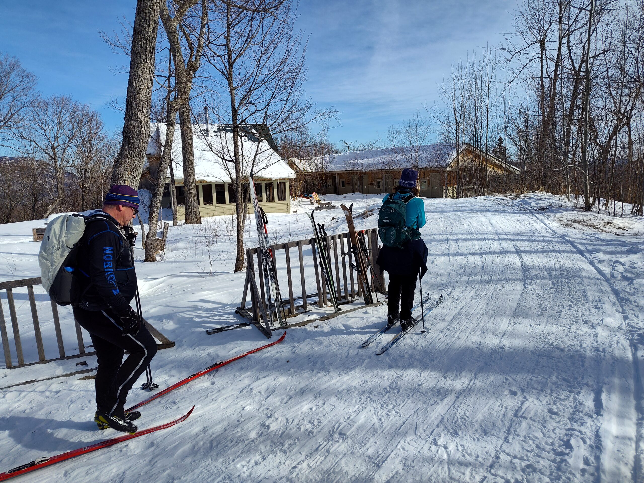 Arriving at Stratton Brook Hut on skis.
