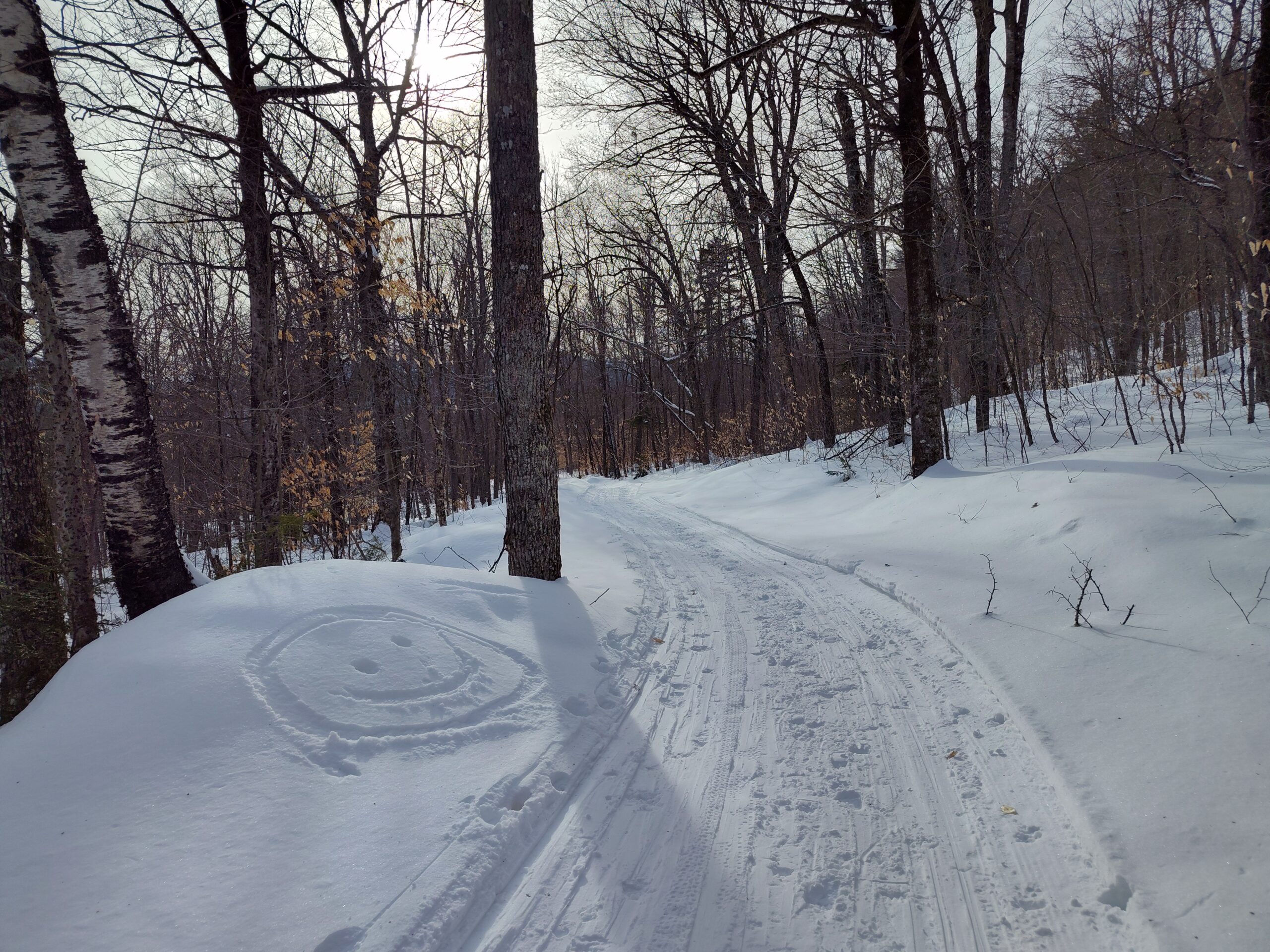 Newton's Revenge Trail with a smiley face in the snow.