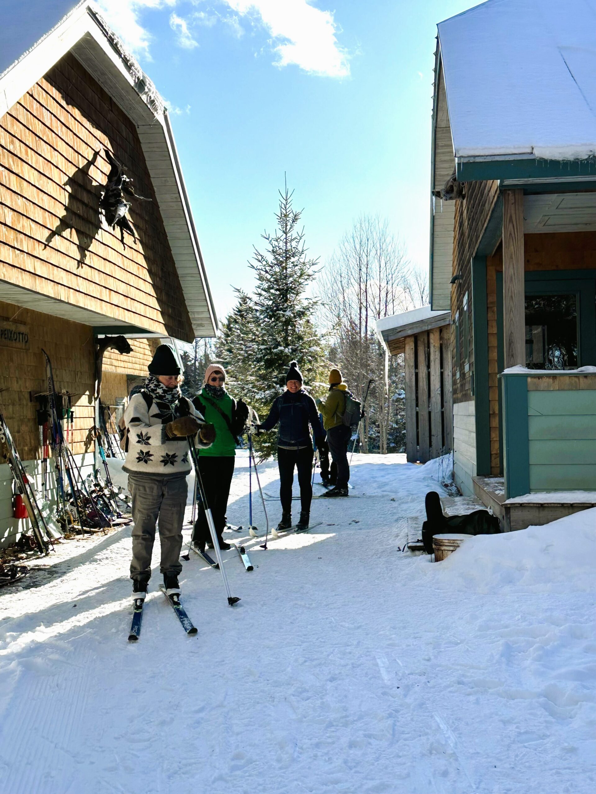 Skiers arriving at Flagstaff Lake Hut.