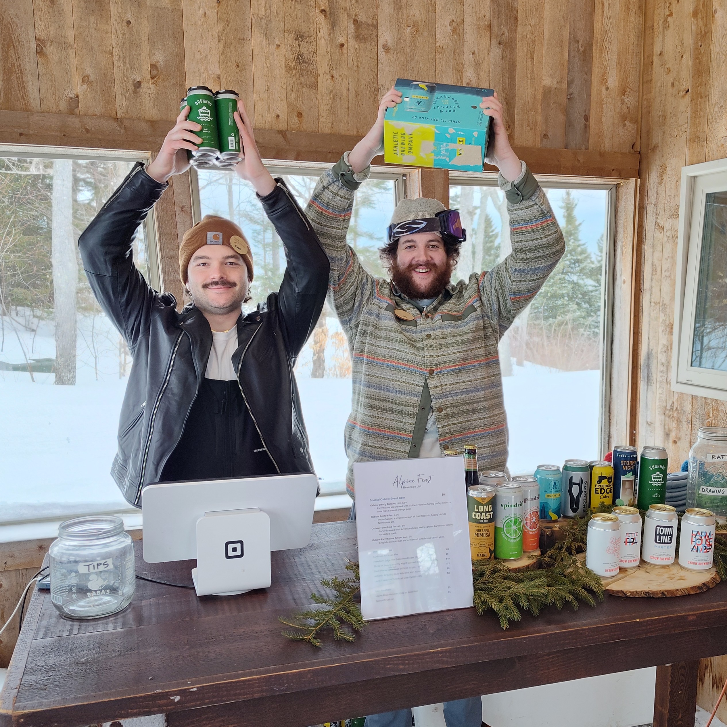 Hut staff Evan and Joe, the Beer Bros, from the Alpine Feast at Stratton Brook Hut.