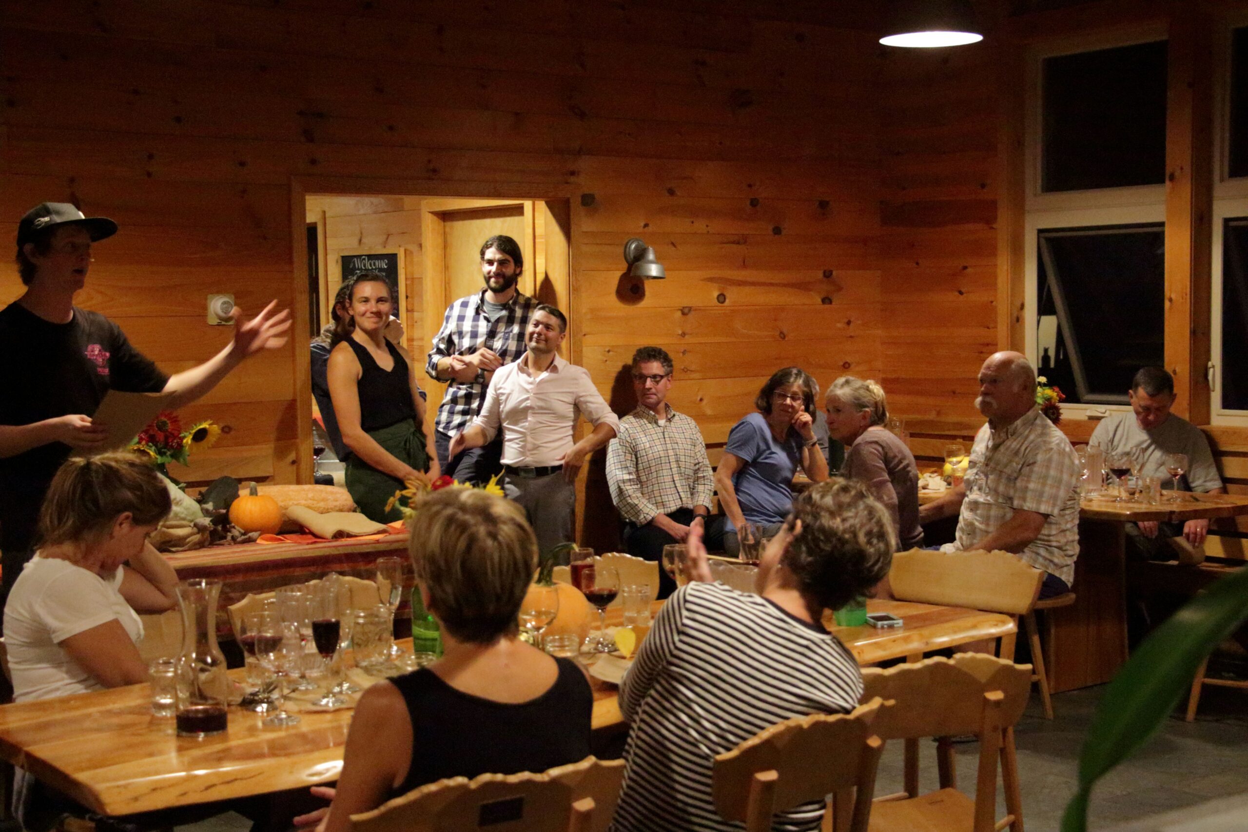 Harvest Dinner introduction at Stratton Brook Hut.